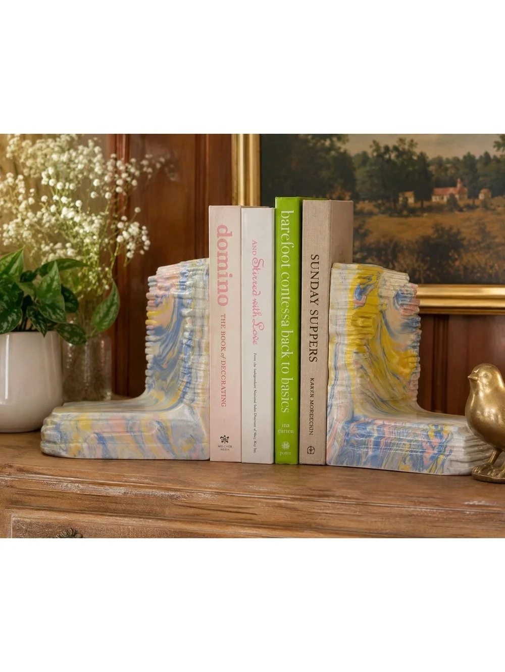 Vintage Pastel Marbled Ceramic Bookends Pink Blue Yellow Swirl Set of 2